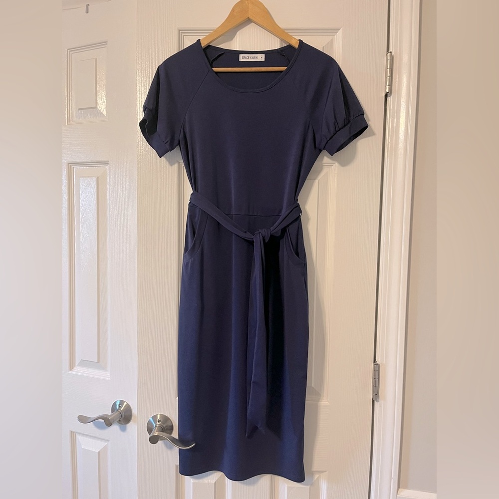 Grace Karin Navy Blue Fitted Belted Dress with Pockets